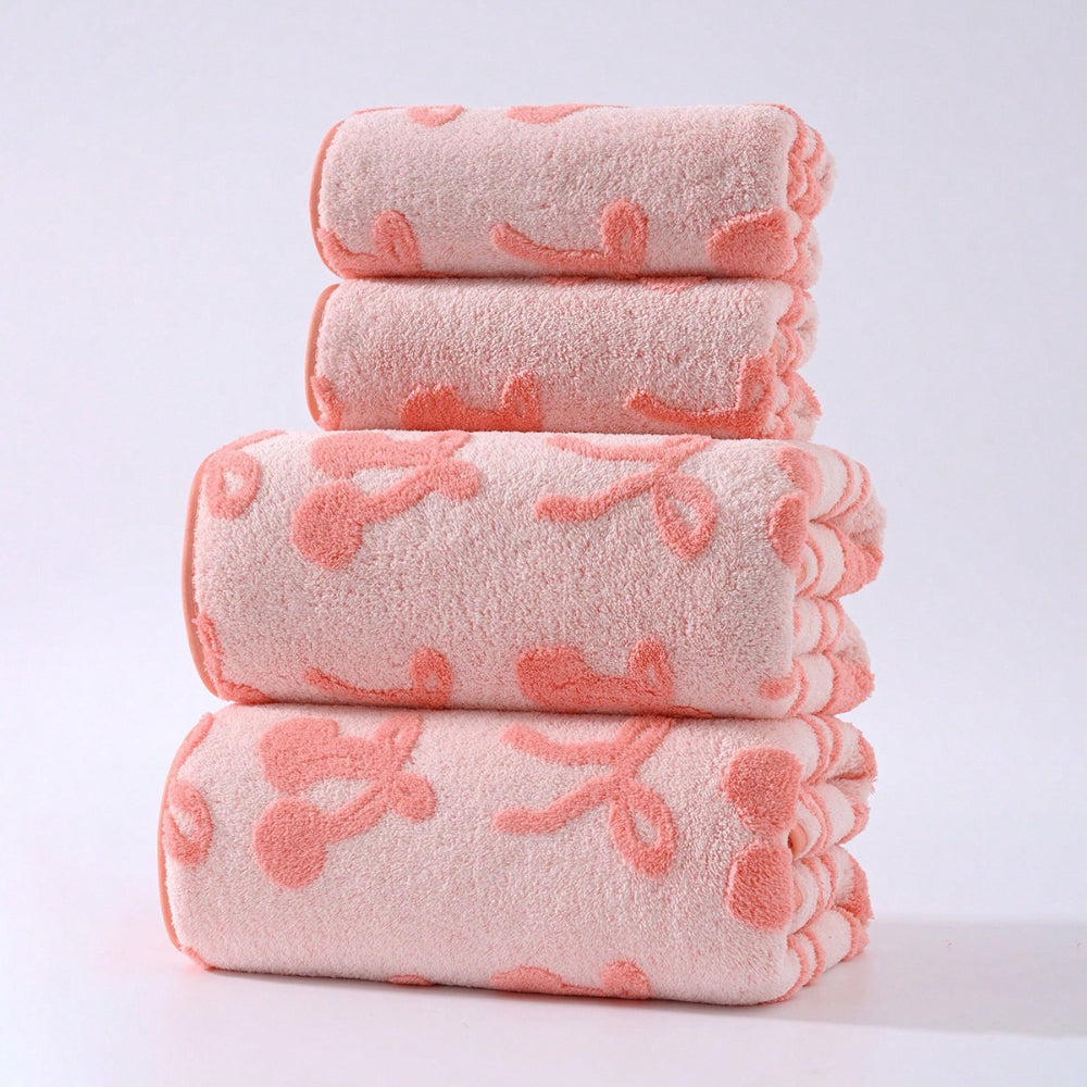 Luxury | Quick-Dry 2pcs\u002F4pcs Luxury Quick-Dry Soft Bath Towel & Hand Towel | Cherry & Bow Pattern, Small Sizes, Modern Decorative Towel Set