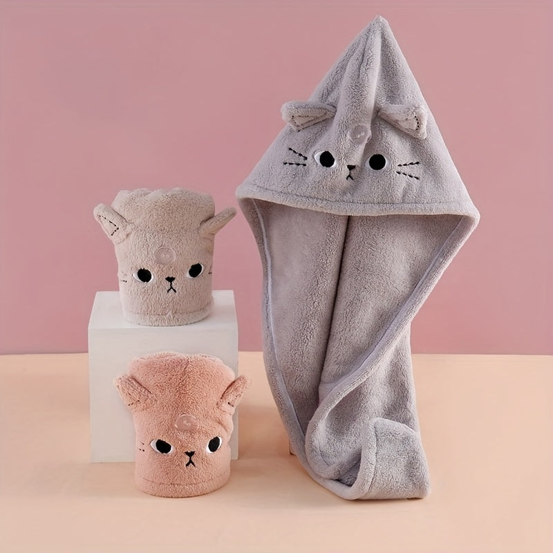 1pc Women's Quick-Dry Hair Towel Cap, Cute Cat, Absorbent Soft Polyester Fabric, Unscented, Suitable for Long Curly Hair, Multiple Colors (Beige, Pink, Light Gray)