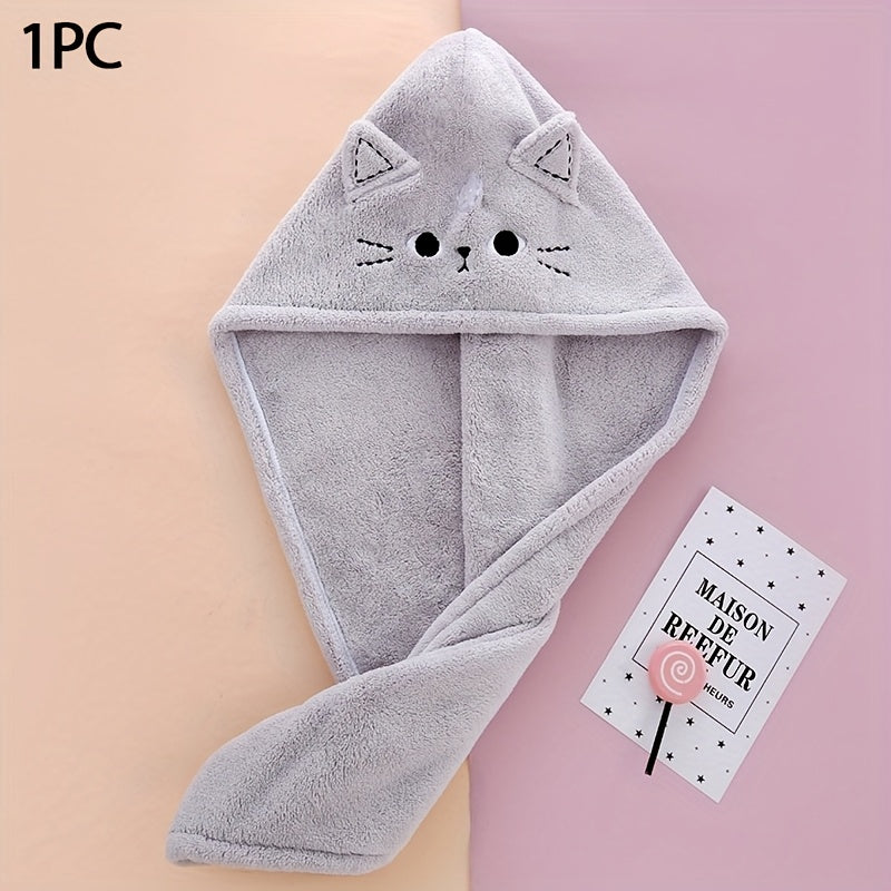 1pc Women's Quick-Dry Hair Towel Cap, Cute Cat, Absorbent Soft Polyester Fabric, Unscented, Suitable for Long Curly Hair, Multiple Colors (Beige, Pink, Light Gray)