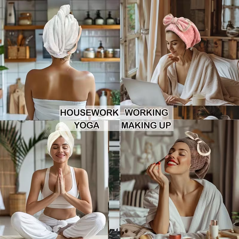 Microfiber Hair Towel Caps for Wet Hair with Cute Bowtie, 3Packs Fast Drying Hair Towel Caps for Long Curly Hair Women