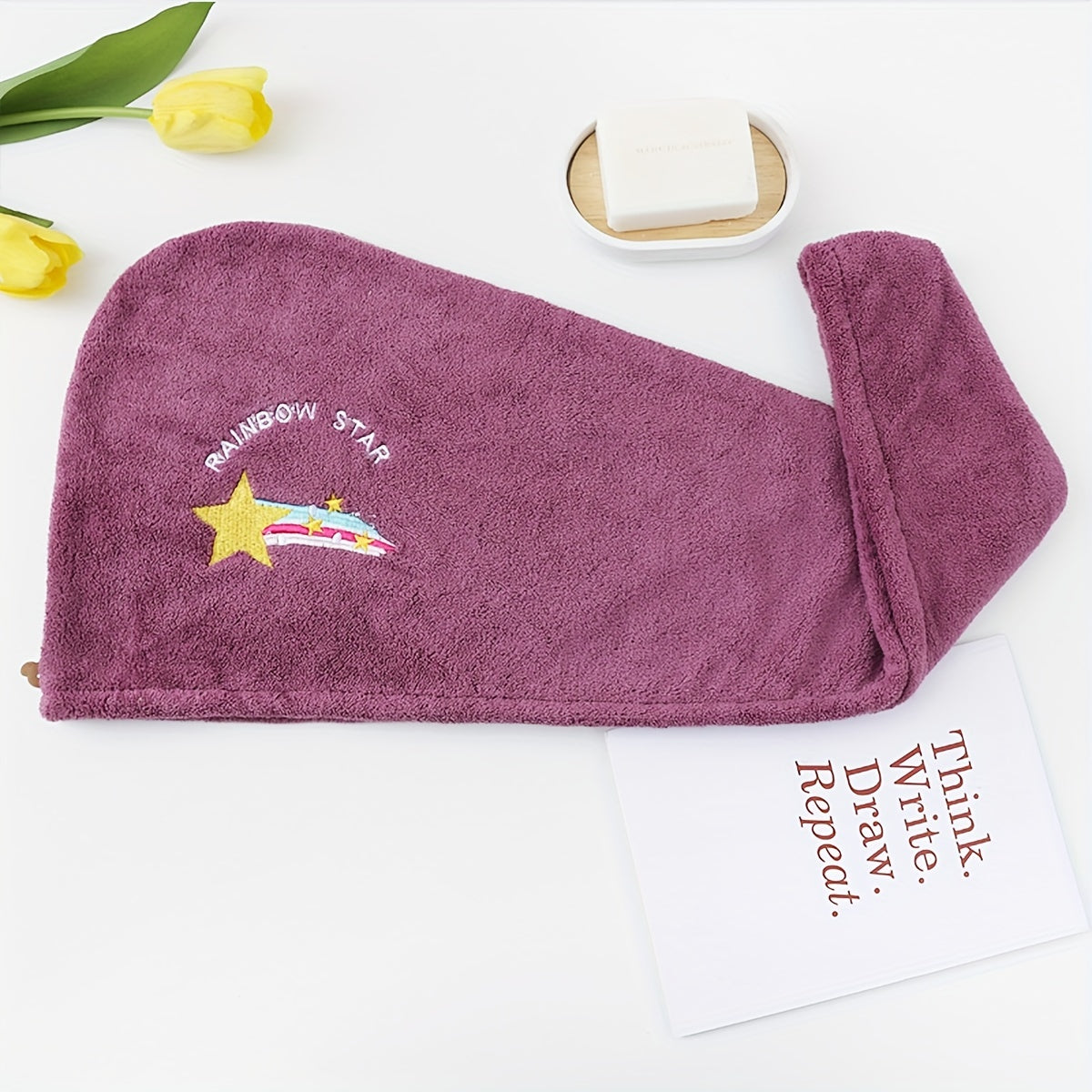 Microfiber Wrap Quick Dry Microfiber Hair Towel Wrap, 1pc | Super Absorbent Hair Drying Turban for Women, Modern Geometric-Pattern Knit Fabric, 260gsm, with Space-Themed Embroidery, for Bathroom Accessories