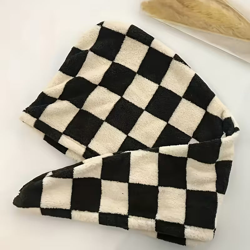 1pc Women's Super Absorbent Thickened Checkered Bath & Hair Towel - Quick-Dry Shower Cap with Black & White Checkerboard Design, Soft Texture