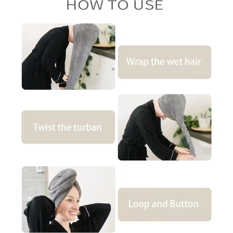 4 Pack Women's Extra Large Microfiber Hair Towel Wrap with Button - Quick-Dry Hair Turban Suitable for Curly/Long/Short Hair, Anti-Frizz Technology, Non-Slip Elastic Loop & Wood Buckle Closure, Ultra-Soft Hair Drying Towels (4 Pack)