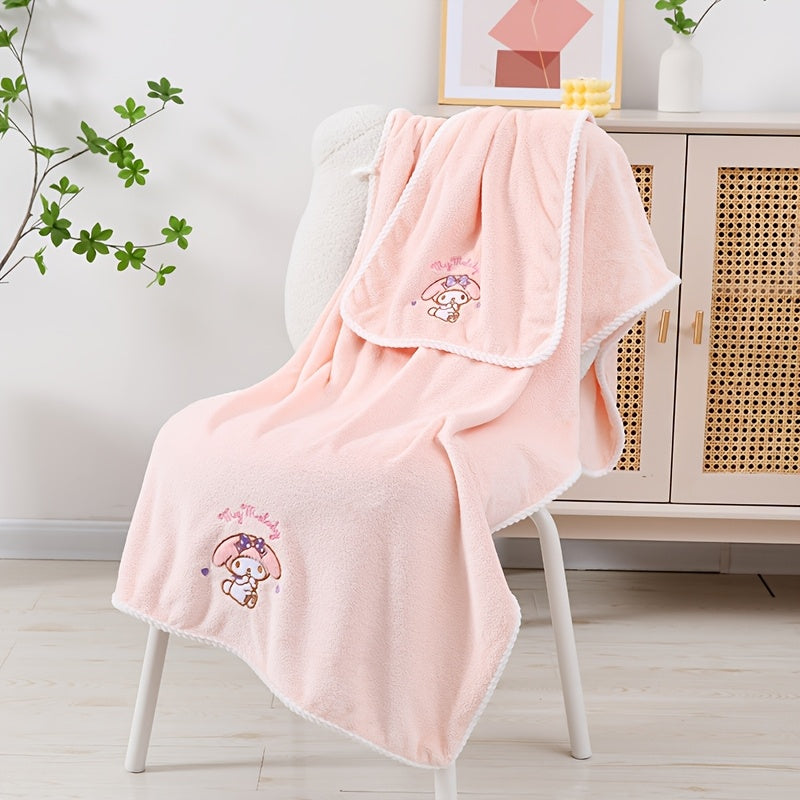 Authorized Sanrio Hello Kitty And Melody Coral Fleece Bath Towel, Quick-Drying Head Towel, Large Bath Towel, Great for Home And Dorm Use, Soft And Comfortable Cloud-Patterned Face And Bath Towel Set