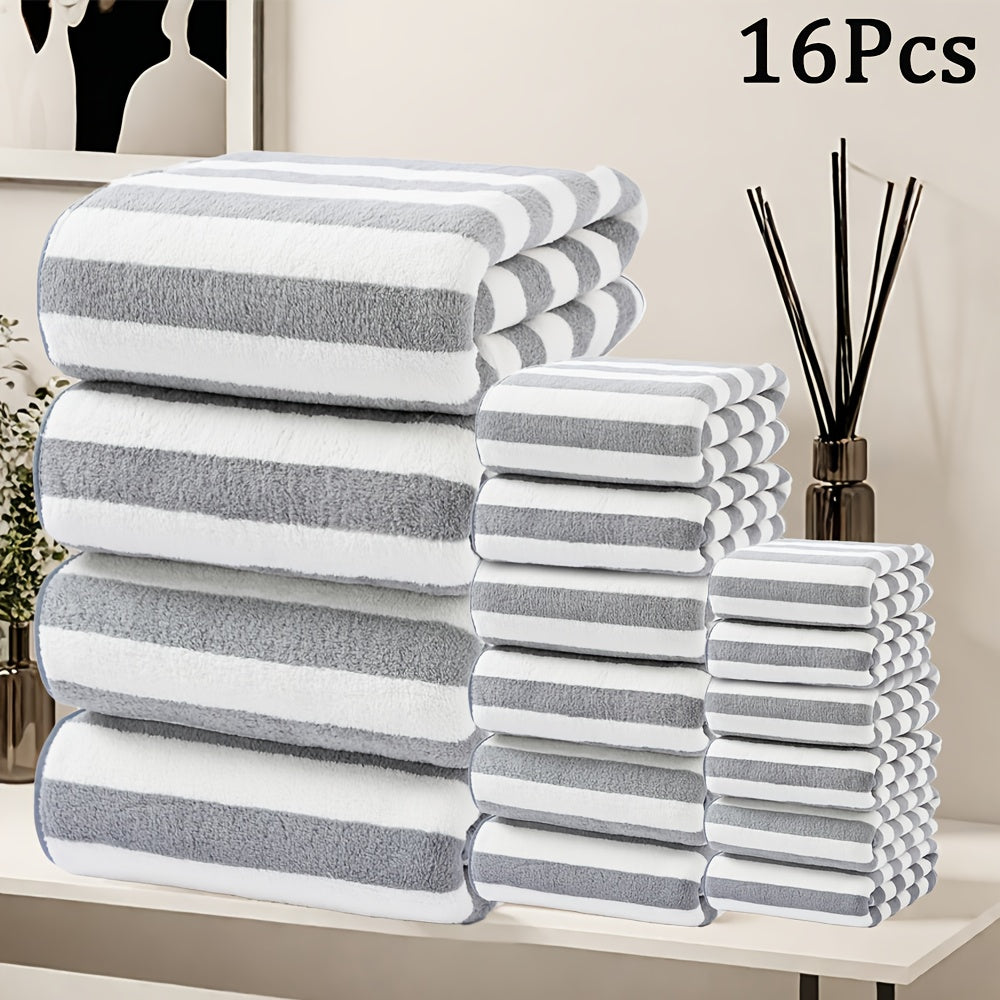 Bath Towels Set 16pcs Set Bath towels set, bathroom Supplies, Hand Towels Bath Towels Set, Microfiber Material, Stripe pattern, Multi-purpose Quick drying bath towels, Soft and comfortable, Multi-color options, for bathroom, shower, Hotel