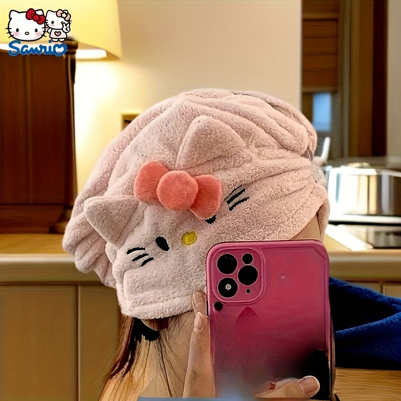 1pc Sanrio Authorized Cute Hair Drying Cap | Hello Kitty Coral Fleece Thickened Absorbent Wrap, Non-Shedding Design Suitable for Use After Shampooing, Exercising, Traveling | Hand Wash Only, Christmas Holiday, Polyester