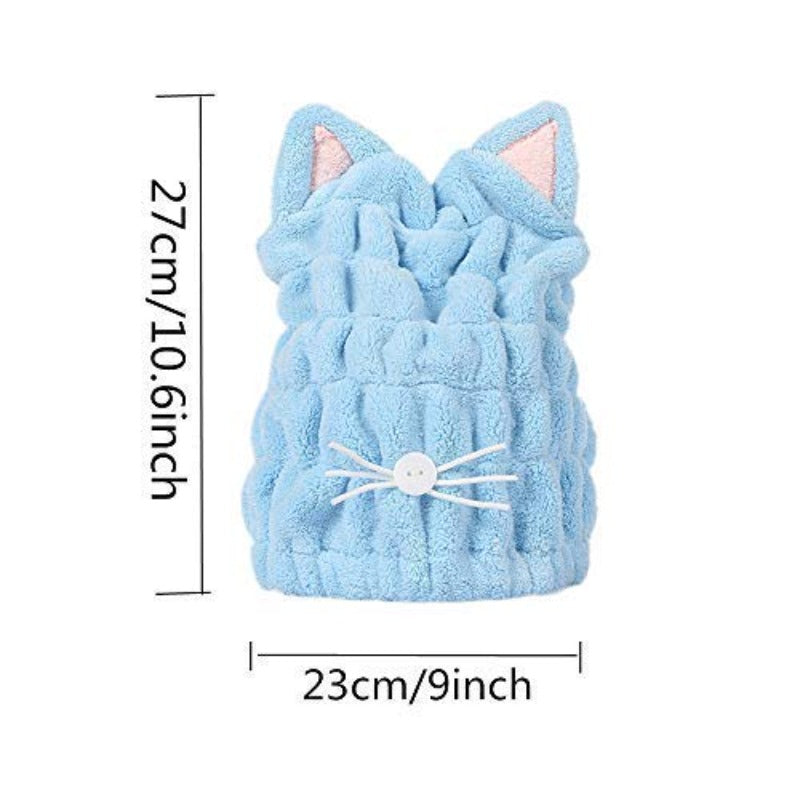 2pcs Ultra Absorbent Hair Quick Drying Towel Microfiber Hair Dry Wrap Turban Cute Kitty Ears Cap Bath Tool Hat for Women