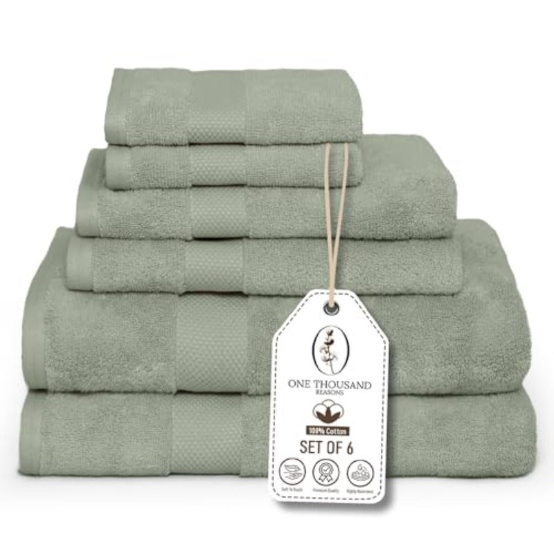 Premium Staple Bathroom Towel Set - Sage Green 600 GSM 6pcs Luxury Bath Towel Set 1 Stripe - 2 Bath Towels 2 Hand Towels And 2 Washclothes Set - High Absorbent And Quick Dry for Gym Spa Hotel