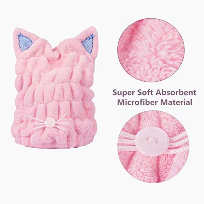 2pcs Ultra Absorbent Microfiber Hair Dry Wrap Turban with Cute Kitty Ears | Quick Drying Bath Tool Hat for Women