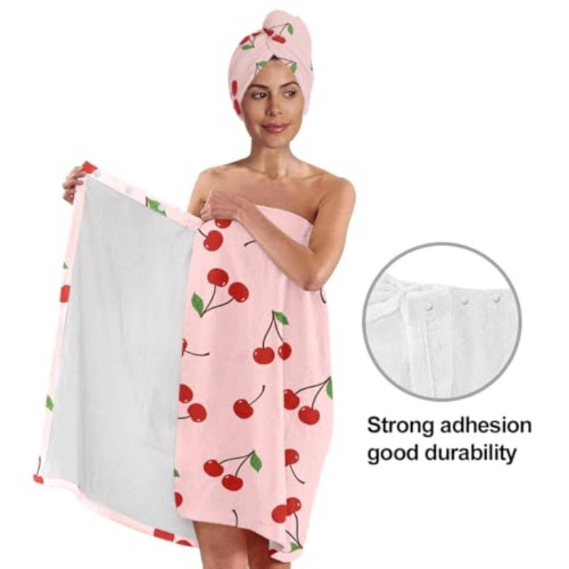 Women'S Cherry Print Towel Wrap and Hair Drying Cap Set | Cute Pink Microfiber Shower Wrap with Adjustable Closure, Quick Dry, Spa Dorm Beach Gift for Her