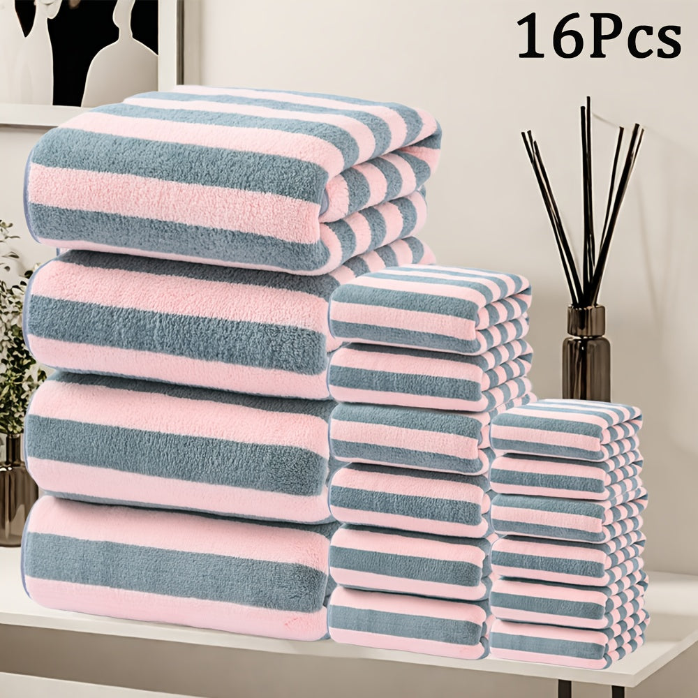 Bath Towels Set 16pcs Set Bath towels set, bathroom Supplies, Hand Towels Bath Towels Set, Microfiber Material, Stripe pattern, Multi-purpose Quick drying bath towels, Soft and comfortable, Multi-color options, for bathroom, shower, Hotel