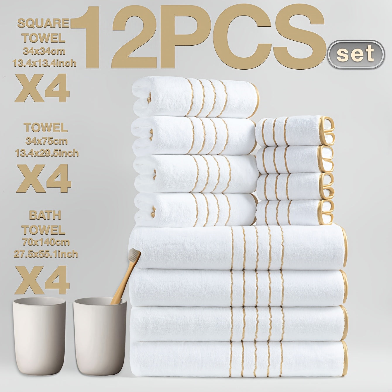 12pcs Set of Ultra-Soft Luxury Golden Thread Coral Washcloth Towel Bath Towel Set, 4pcs 27.5 x 55.1 Inch Bath Towel, 4pcs 13.4 x 29.5 Inch Hand Towel, 4pcs 13.4 x 13.4 Inch Washcloth, Comfortable Soft Quick-Dry, Fast Absorbing, Lightweight Bathroom
