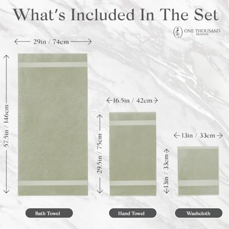 Premium Staple Bathroom Towel Set - Sage Green 600 GSM 6pcs Luxury Bath Towel Set 1 Stripe - 2 Bath Towels 2 Hand Towels And 2 Washclothes Set - High Absorbent And Quick Dry for Gym Spa Hotel