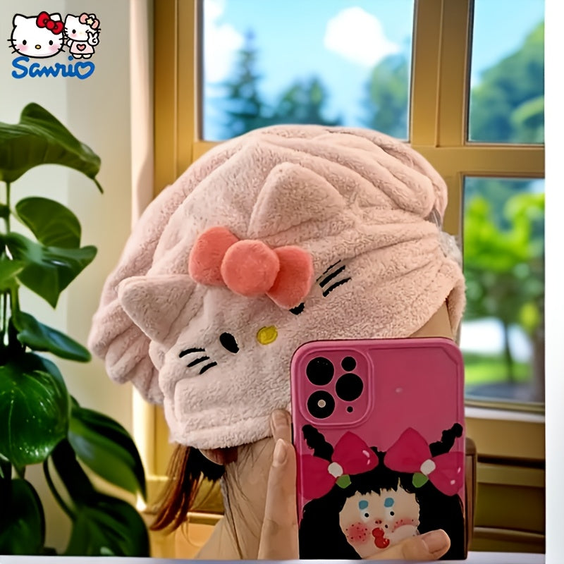 1pc Sanrio Authorized Cute Hair Drying Cap | Hello Kitty Coral Fleece Thickened Absorbent Wrap, Non-Shedding Design Suitable for Use After Shampooing, Exercising, Traveling | Hand Wash Only, Christmas Holiday, Polyester