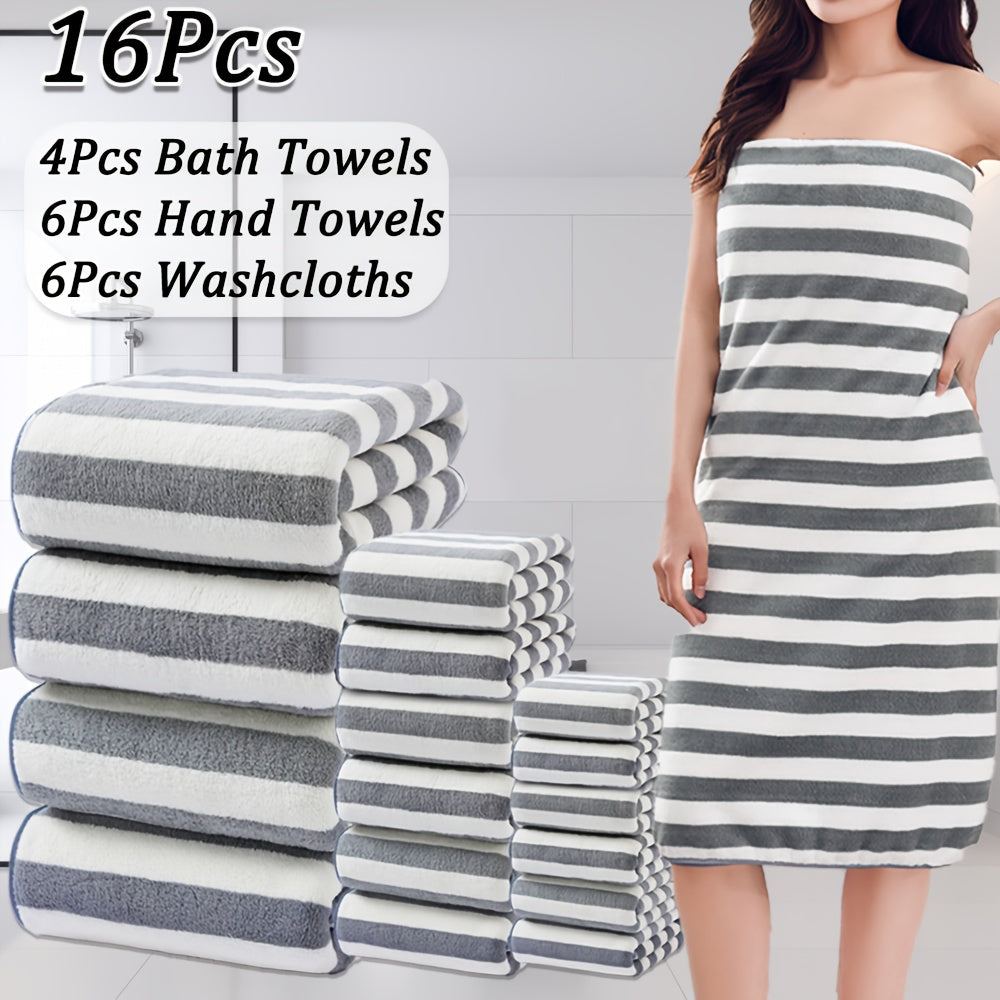 Bath Towels Set 16pcs Set Bath towels set, bathroom Supplies, Hand Towels Bath Towels Set, Microfiber Material, Stripe pattern, Multi-purpose Quick drying bath towels, Soft and comfortable, Multi-color options, for bathroom, shower, Hotel