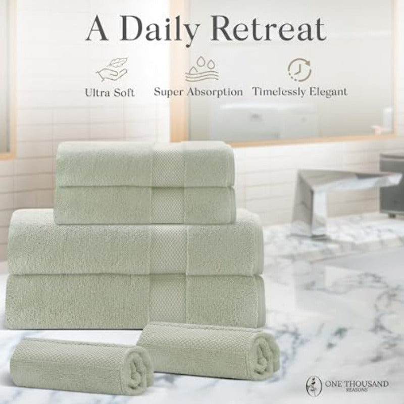 Premium Staple Bathroom Towel Set - Sage Green 600 GSM 6pcs Luxury Bath Towel Set 1 Stripe - 2 Bath Towels 2 Hand Towels And 2 Washclothes Set - High Absorbent And Quick Dry for Gym Spa Hotel