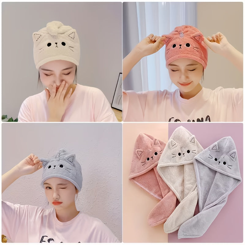 1pc Women's Quick-Dry Hair Towel Cap, Cute Cat, Absorbent Soft Polyester Fabric, Unscented, Suitable for Long Curly Hair, Multiple Colors (Beige, Pink, Light Gray)