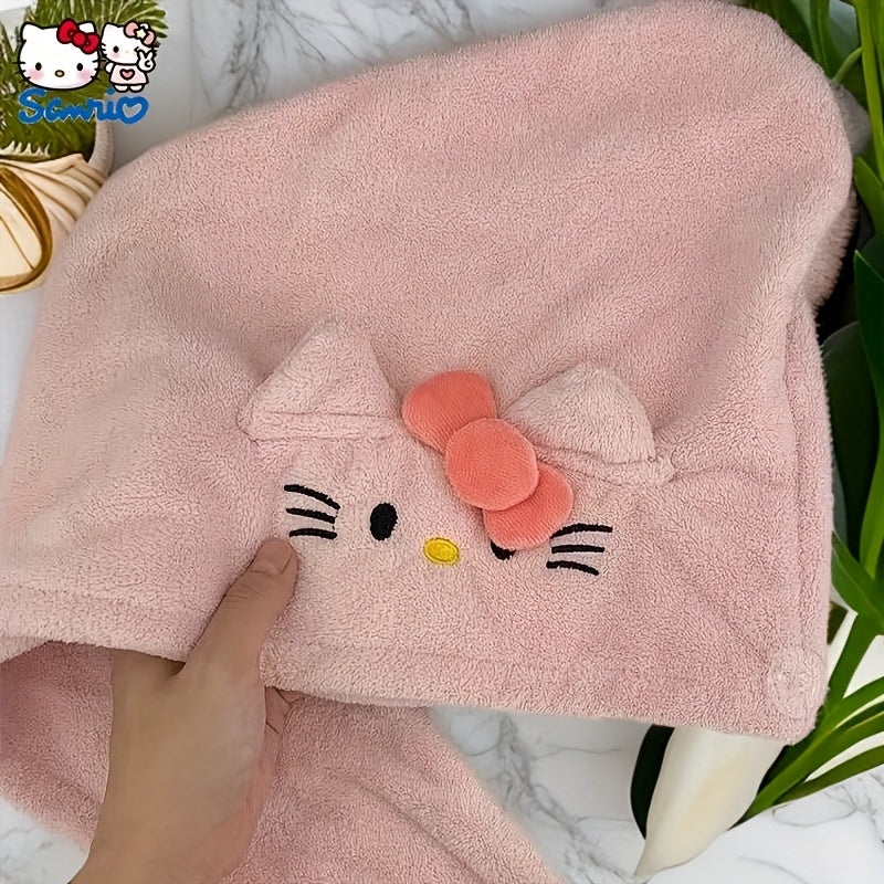 1pc Sanrio Authorized Cute Hair Drying Cap | Hello Kitty Coral Fleece Thickened Absorbent Wrap, Non-Shedding Design Suitable for Use After Shampooing, Exercising, Traveling | Hand Wash Only, Christmas Holiday, Polyester