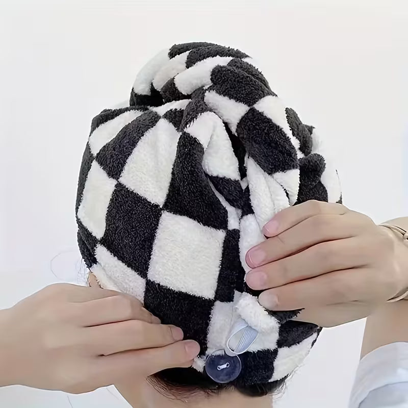 1pc Women's Super Absorbent Thickened Checkered Bath & Hair Towel - Quick-Dry Shower Cap with Black & White Checkerboard Design, Soft Texture