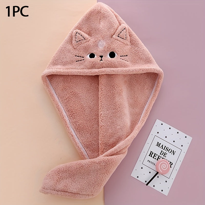 1pc Women's Quick-Dry Hair Towel Cap, Cute Cat, Absorbent Soft Polyester Fabric, Unscented, Suitable for Long Curly Hair, Multiple Colors (Beige, Pink, Light Gray)