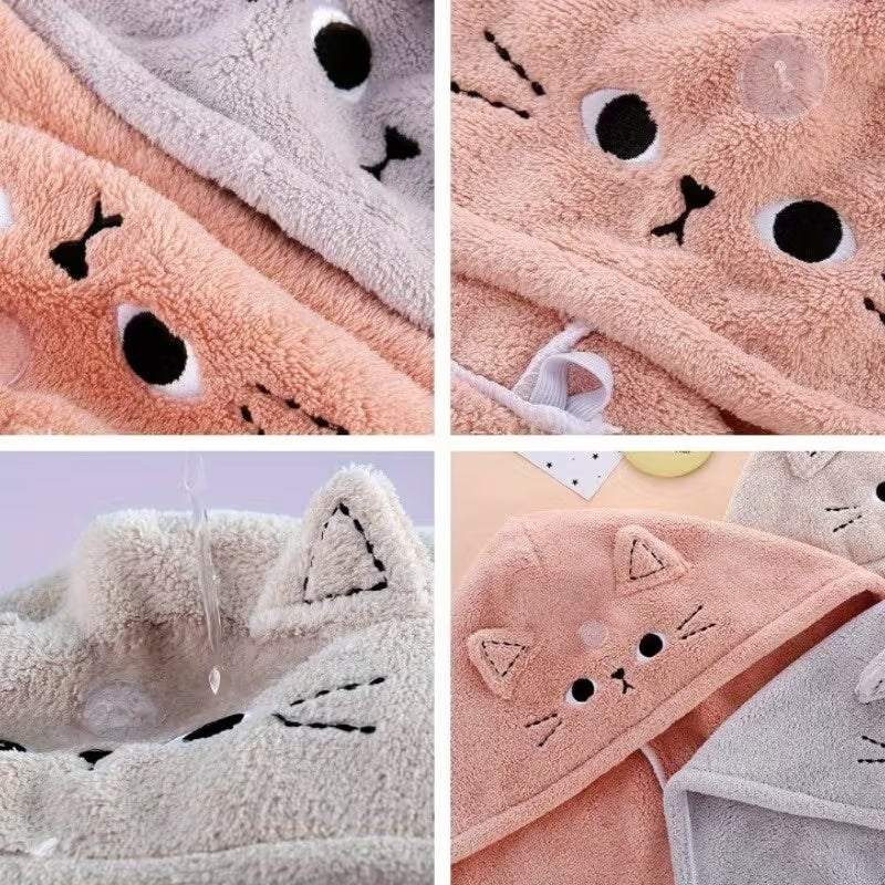 1pc Women's Quick-Dry Hair Towel Cap, Cute Cat, Absorbent Soft Polyester Fabric, Unscented, Suitable for Long Curly Hair, Multiple Colors (Beige, Pink, Light Gray)