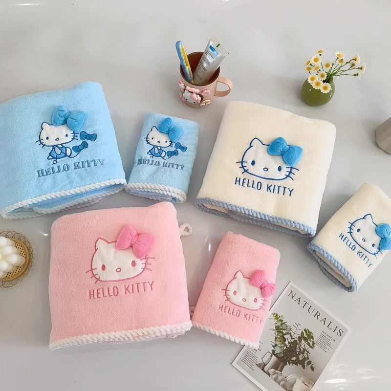 3pcs Sanrio Hello Kitty Bath Towel | Quick-Dry Thick Coral Towels with Hello Kitty Design, Cute Cartoon Theme, Contemporary Style, Fabric, 380 g\u002Fm², Suitable for Women and Adults, Wash Cloths
