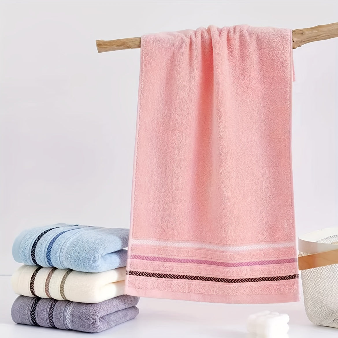 2 Soft Towels - Thick and Absorbent, Light Beige with Reinforced Edge Stripe Design, 12.99\