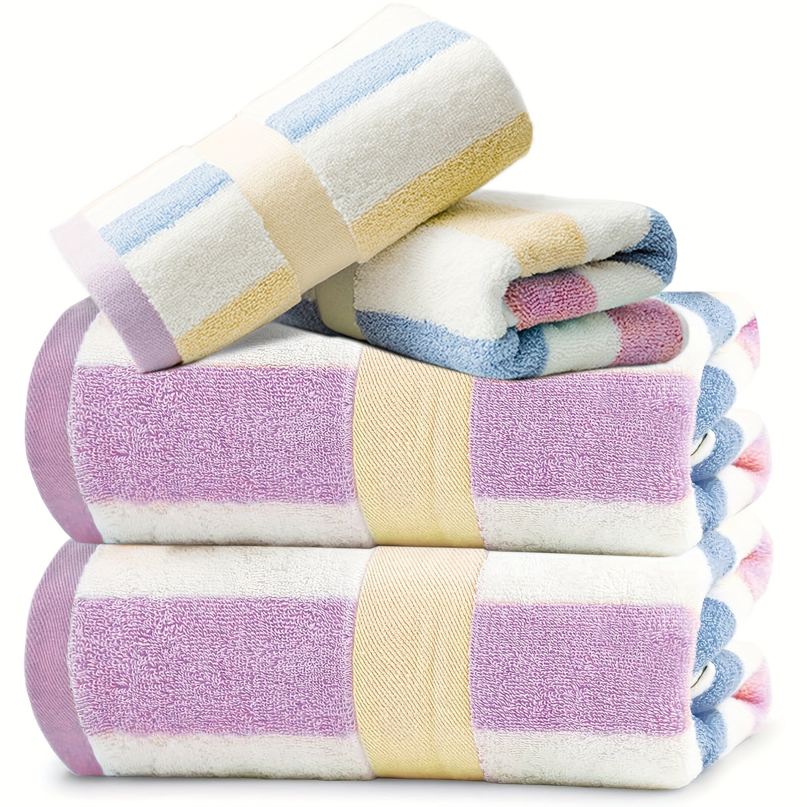 4pcs Heavy-Duty 100% Cotton Bath Towels Set - Large Luxury Spa & Hotel Towel Collection with Pastel Blue\u002FPink\u002FGreen\u002FYellow Stripes (70x35\