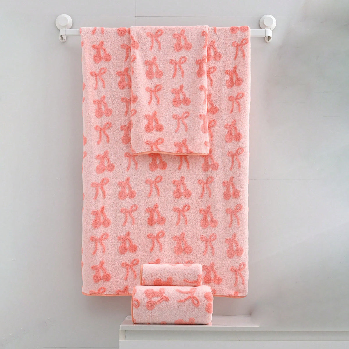 Luxury | Quick-Dry 2pcs\u002F4pcs Luxury Quick-Dry Soft Bath Towel & Hand Towel | Cherry & Bow Pattern, Small Sizes, Modern Decorative Towel Set