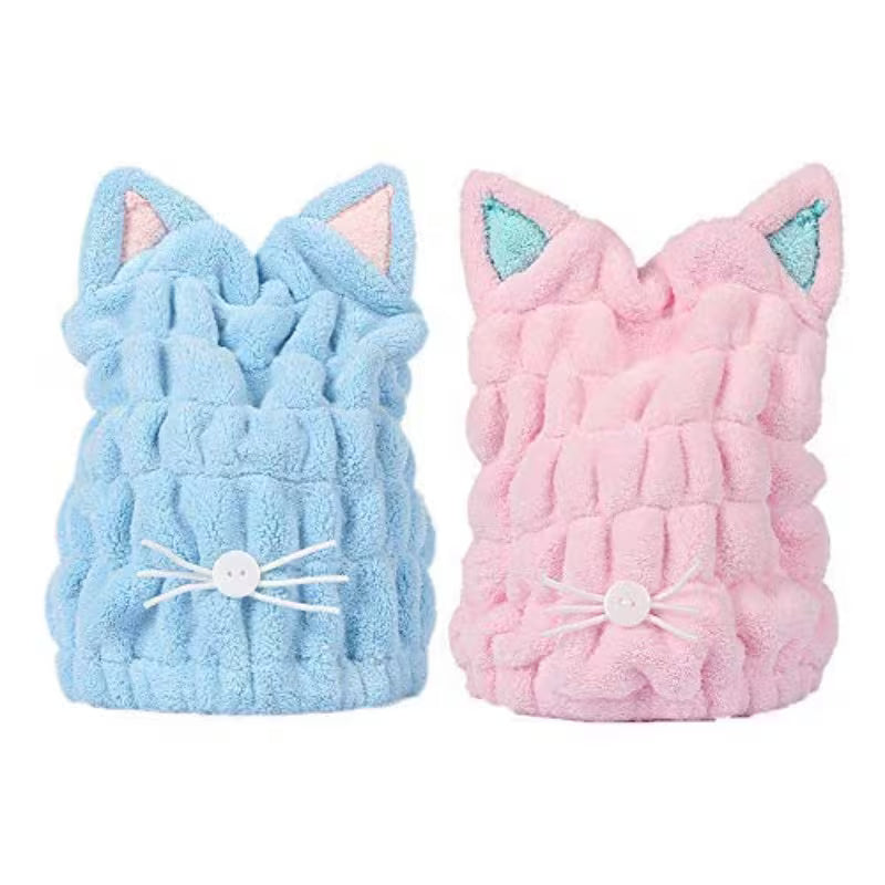 2pcs Ultra Absorbent Microfiber Hair Dry Wrap Turban with Cute Kitty Ears | Quick Drying Bath Tool Hat for Women