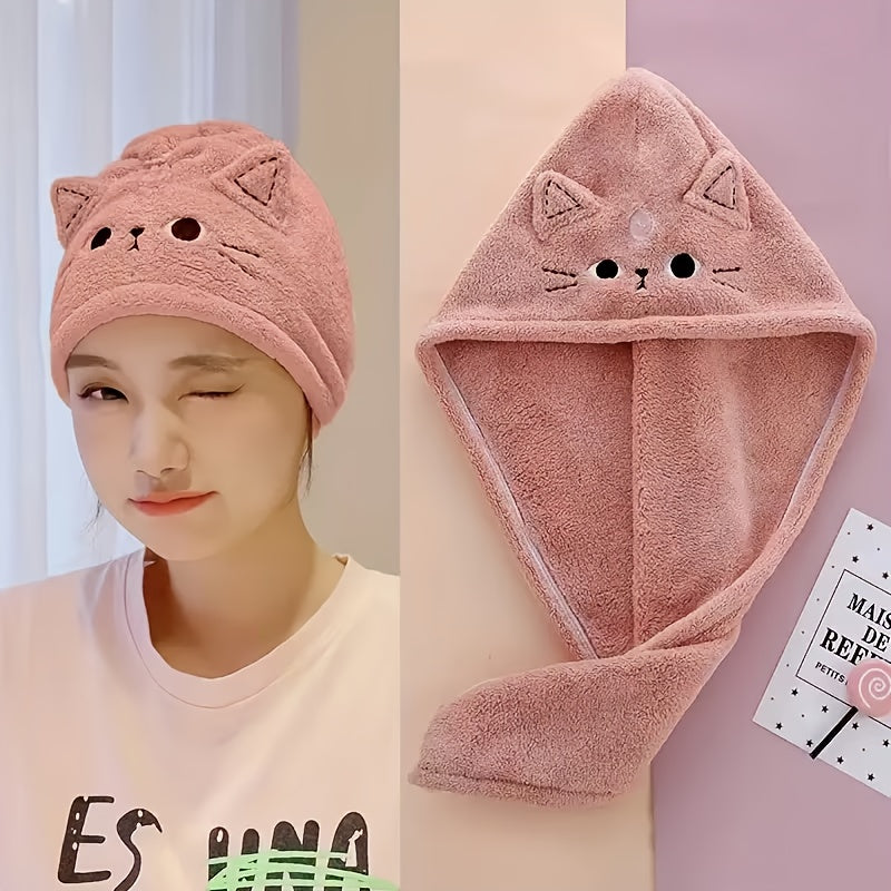 1pc Women's Quick-Dry Hair Towel Cap, Cute Cat, Absorbent Soft Polyester Fabric, Unscented, Suitable for Long Curly Hair, Multiple Colors (Beige, Pink, Light Gray)