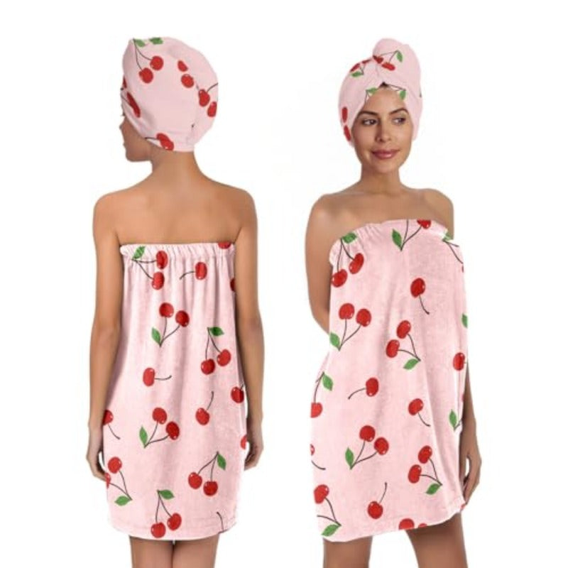 Women'S Cherry Print Towel Wrap and Hair Drying Cap Set | Cute Pink Microfiber Shower Wrap with Adjustable Closure, Quick Dry, Spa Dorm Beach Gift for Her