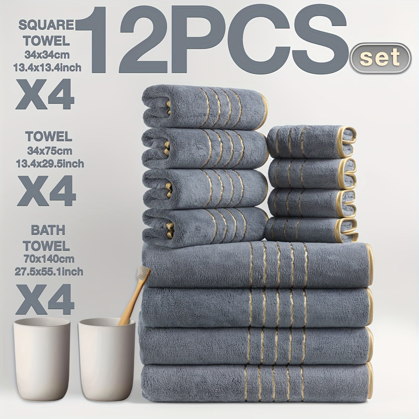 12pcs Set of Ultra-Soft Luxury Golden Thread Coral Washcloth Towel Bath Towel Set, 4pcs 27.5 x 55.1 Inch Bath Towel, 4pcs 13.4 x 29.5 Inch Hand Towel, 4pcs 13.4 x 13.4 Inch Washcloth, Comfortable Soft Quick-Dry, Fast Absorbing, Lightweight Bathroom