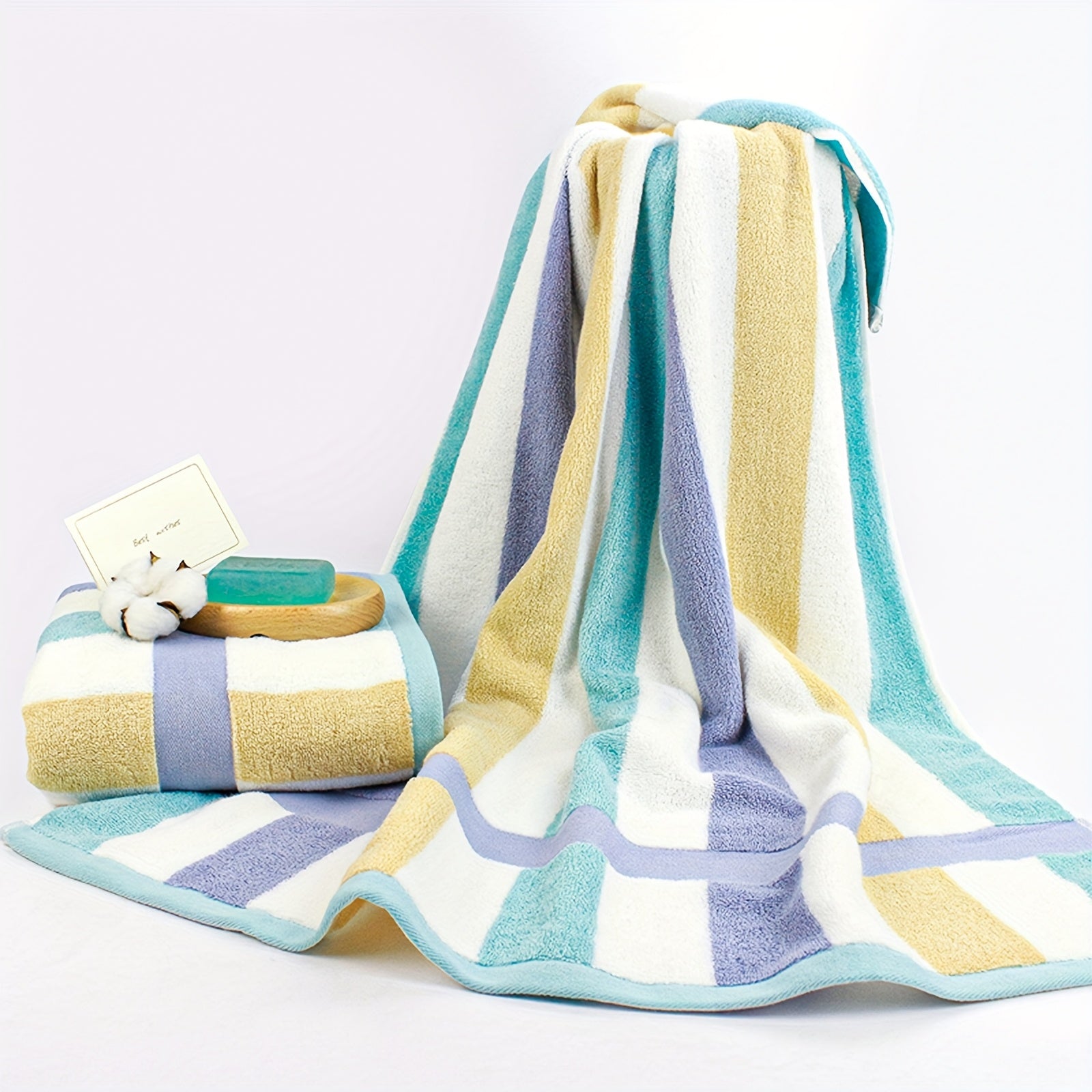 4pcs Heavy-Duty 100% Cotton Bath Towels Set - Large Luxury Spa & Hotel Towel Collection with Pastel Blue\u002FPink\u002FGreen\u002FYellow Stripes (70x35\