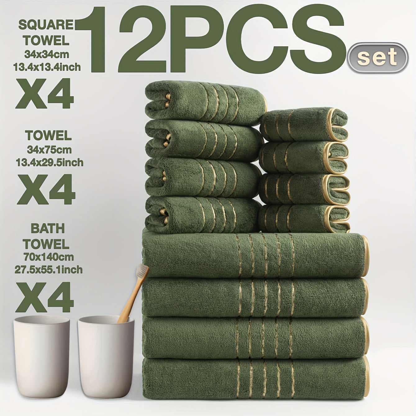 12pcs Set of Ultra-Soft Luxury Golden Thread Coral Washcloth Towel Bath Towel Set, 4pcs 27.5 x 55.1 Inch Bath Towel, 4pcs 13.4 x 29.5 Inch Hand Towel, 4pcs 13.4 x 13.4 Inch Washcloth, Comfortable Soft Quick-Dry, Fast Absorbing, Lightweight Bathroom