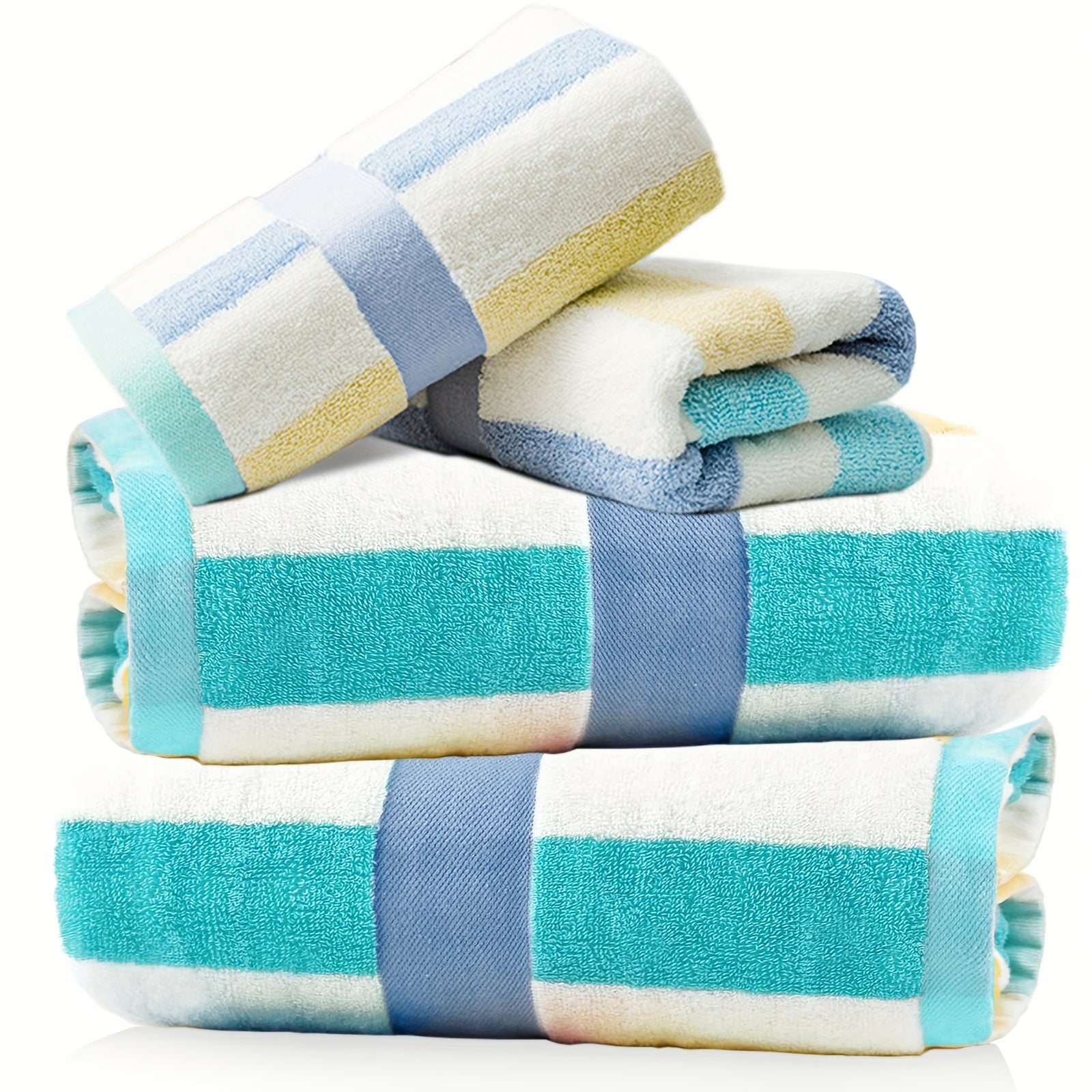 4pcs Heavy-Duty 100% Cotton Bath Towels Set - Large Luxury Spa & Hotel Towel Collection with Pastel Blue\u002FPink\u002FGreen\u002FYellow Stripes (70x35\