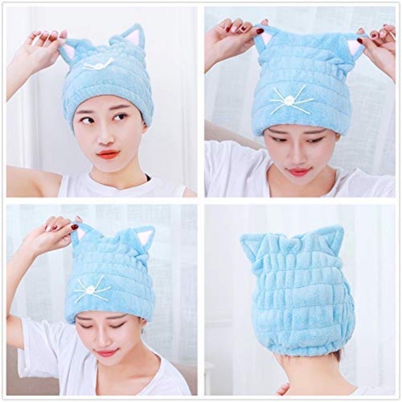 2pcs Ultra Absorbent Hair Quick Drying Towel Microfiber Hair Dry Wrap Turban Cute Kitty Ears Cap Bath Tool Hat for Women