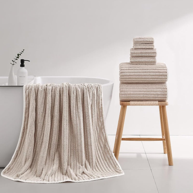 2pcs (Bath Sheets Set) Extra Large Bath Towels Suitable for Adults - Luxury Super Soft Absorbent Microfiber Bath Sheets with Hanging Loop, Quick-Dry & Lightweight, Oversized 39x79 Inches, Beige Striped Bath Towel for Spa & Use