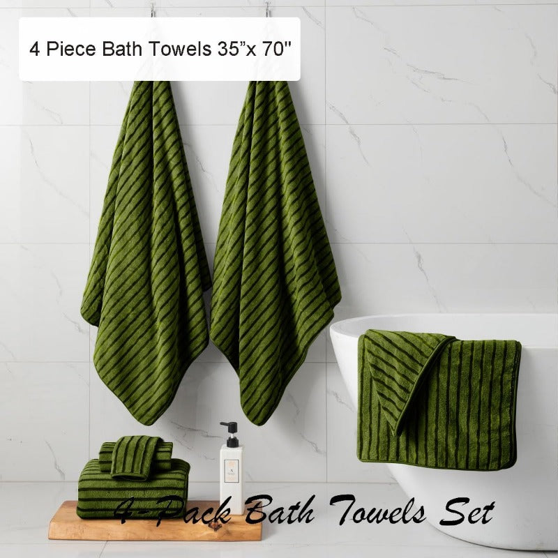 4pcs Army Green Cabana Stripe Large Bath Towels 35x70 Oversized Bath Sheet Soft Breathable Jumbo Bathroom Towels Highly Absorbent Shower Towel Quick Dry Beach Chair Towel Spa Gym Hotel Towel Set