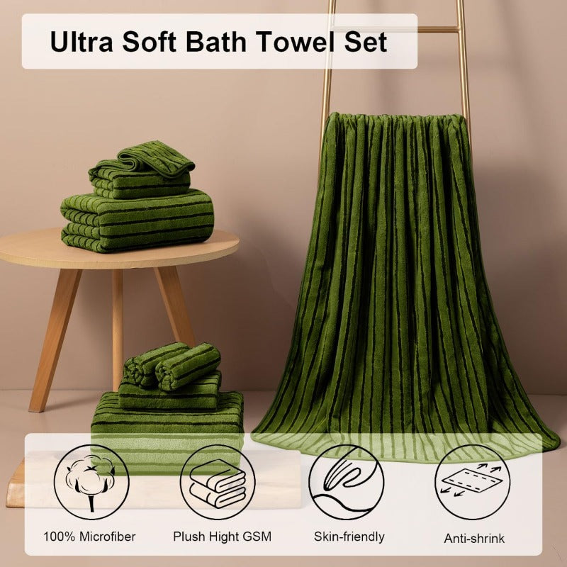 4pcs Army Green Cabana Stripe Large Bath Towels 35x70 Oversized Bath Sheet Soft Breathable Jumbo Bathroom Towels Highly Absorbent Shower Towel Quick Dry Beach Chair Towel Spa Gym Hotel Towel Set