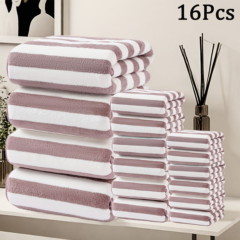 Bath Towels Set 16pcs Set Bath towels set, bathroom Supplies, Hand Towels Bath Towels Set, Microfiber Material, Stripe pattern, Multi-purpose Quick drying bath towels, Soft and comfortable, Multi-color options, for bathroom, shower, Hotel