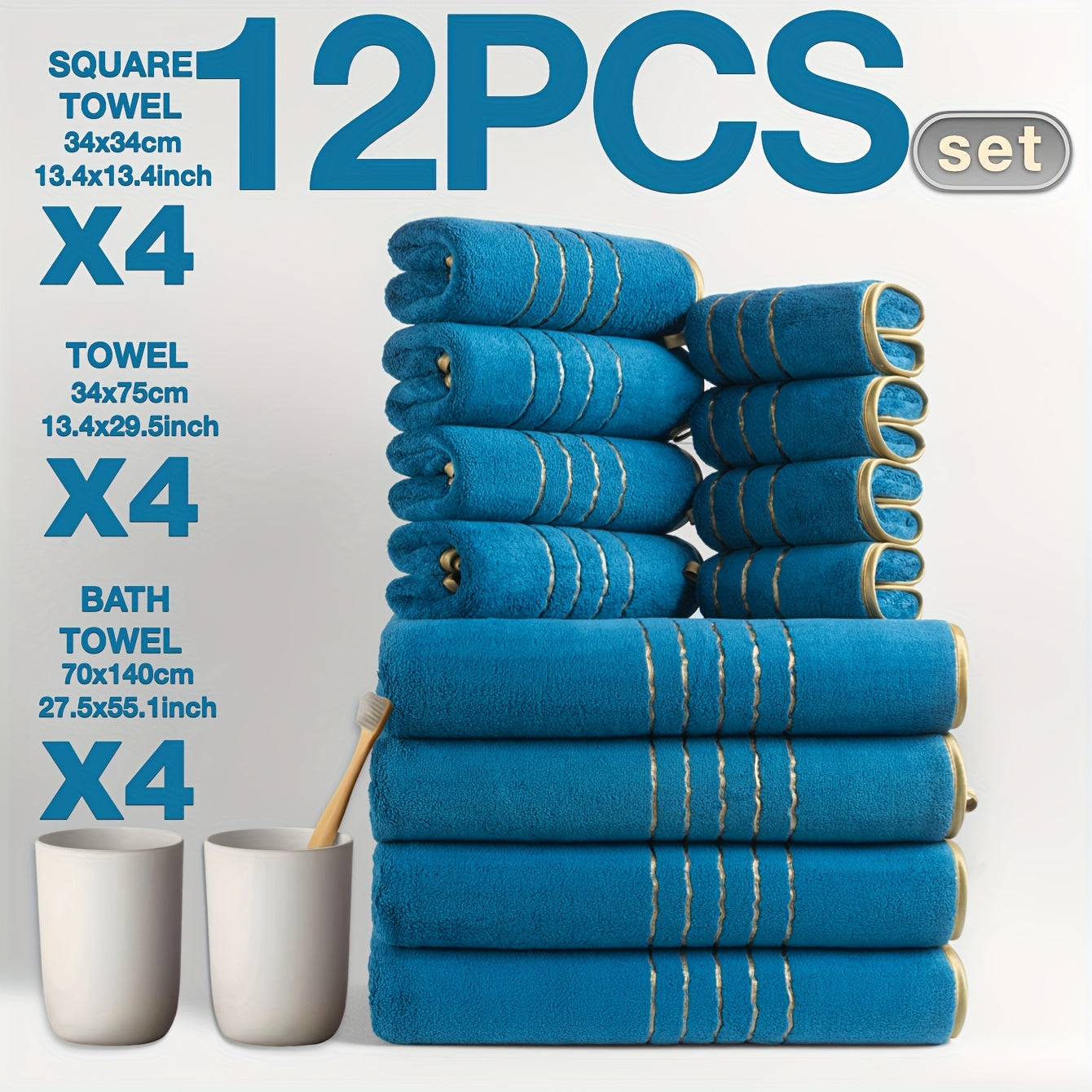 12pcs Set of Ultra-Soft Luxury Golden Thread Coral Washcloth Towel Bath Towel Set, 4pcs 27.5 x 55.1 Inch Bath Towel, 4pcs 13.4 x 29.5 Inch Hand Towel, 4pcs 13.4 x 13.4 Inch Washcloth, Comfortable Soft Quick-Dry, Fast Absorbing, Lightweight Bathroom