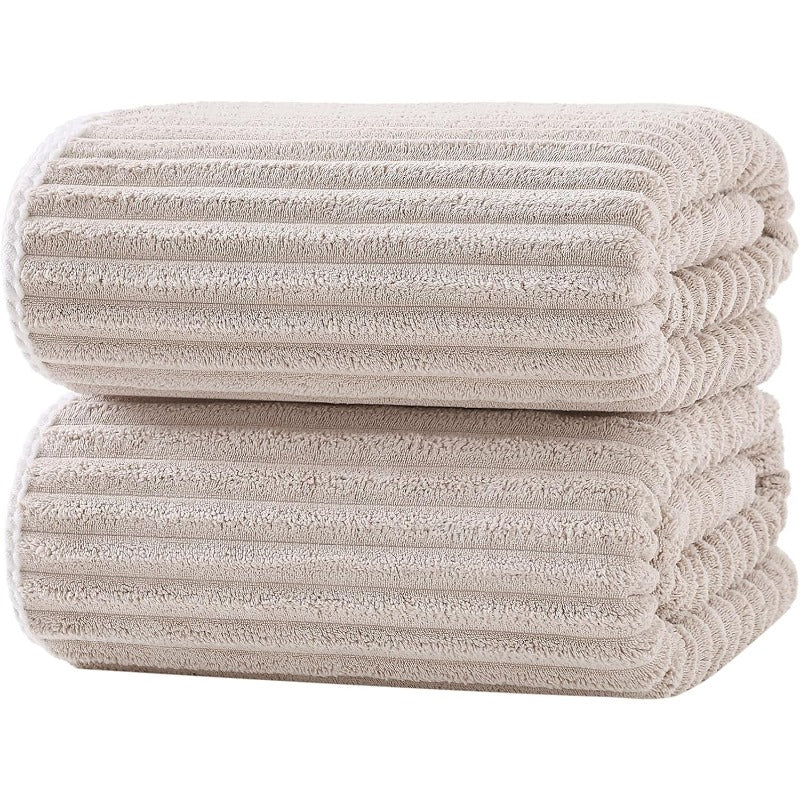 2pcs (Bath Sheets Set) Extra Large Bath Towels Suitable for Adults - Luxury Super Soft Absorbent Microfiber Bath Sheets with Hanging Loop, Quick-Dry & Lightweight, Oversized 39x79 Inches, Beige Striped Bath Towel for Spa & Use