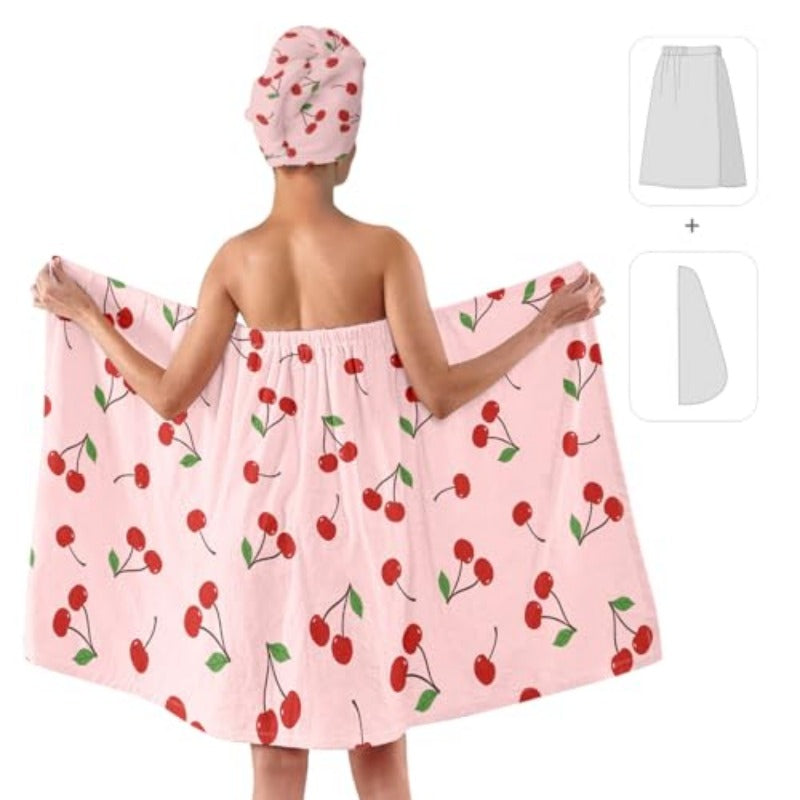 Women'S Cherry Print Towel Wrap and Hair Drying Cap Set | Cute Pink Microfiber Shower Wrap with Adjustable Closure, Quick Dry, Spa Dorm Beach Gift for Her