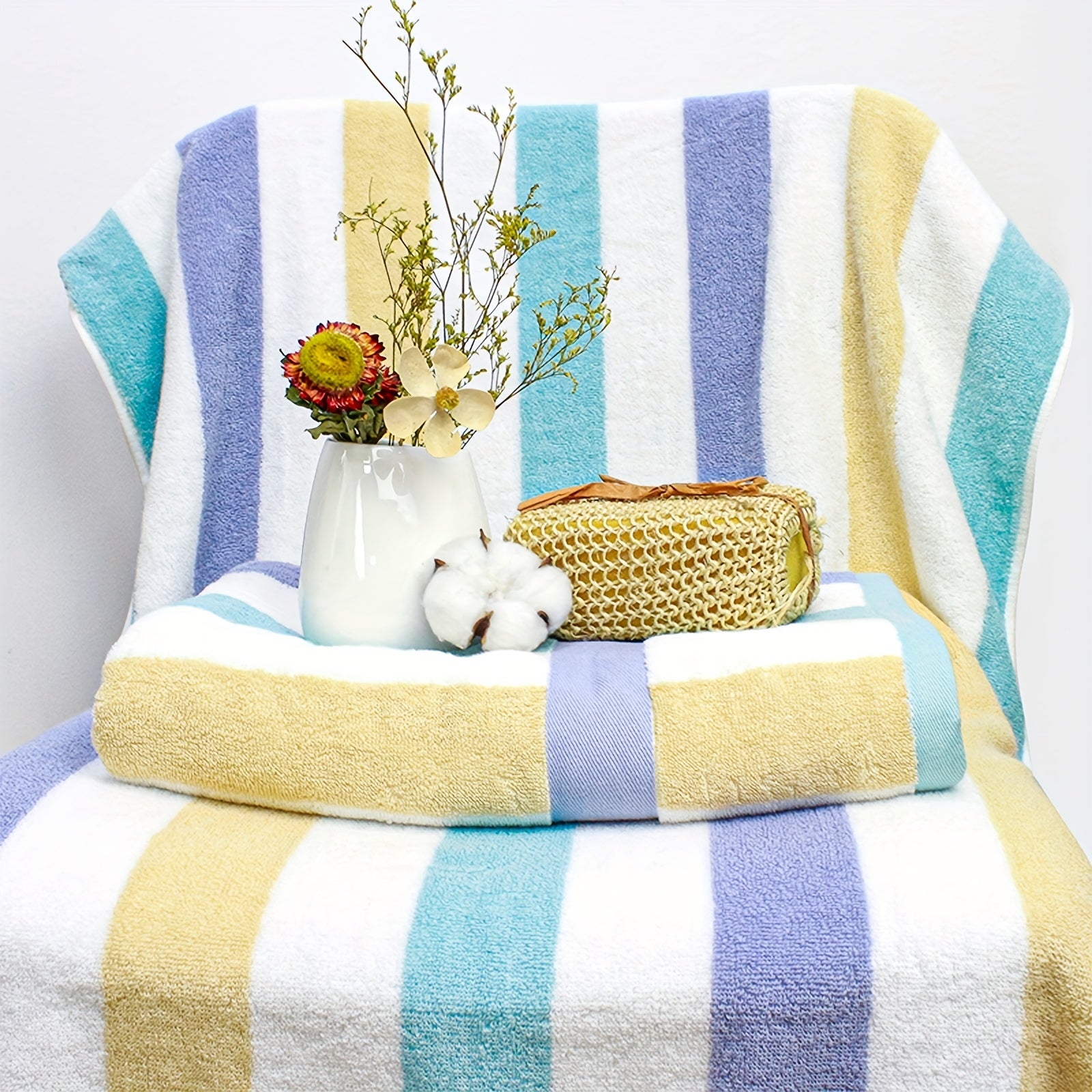 4pcs Heavy-Duty 100% Cotton Bath Towels Set - Large Luxury Spa & Hotel Towel Collection with Pastel Blue\u002FPink\u002FGreen\u002FYellow Stripes (70x35\