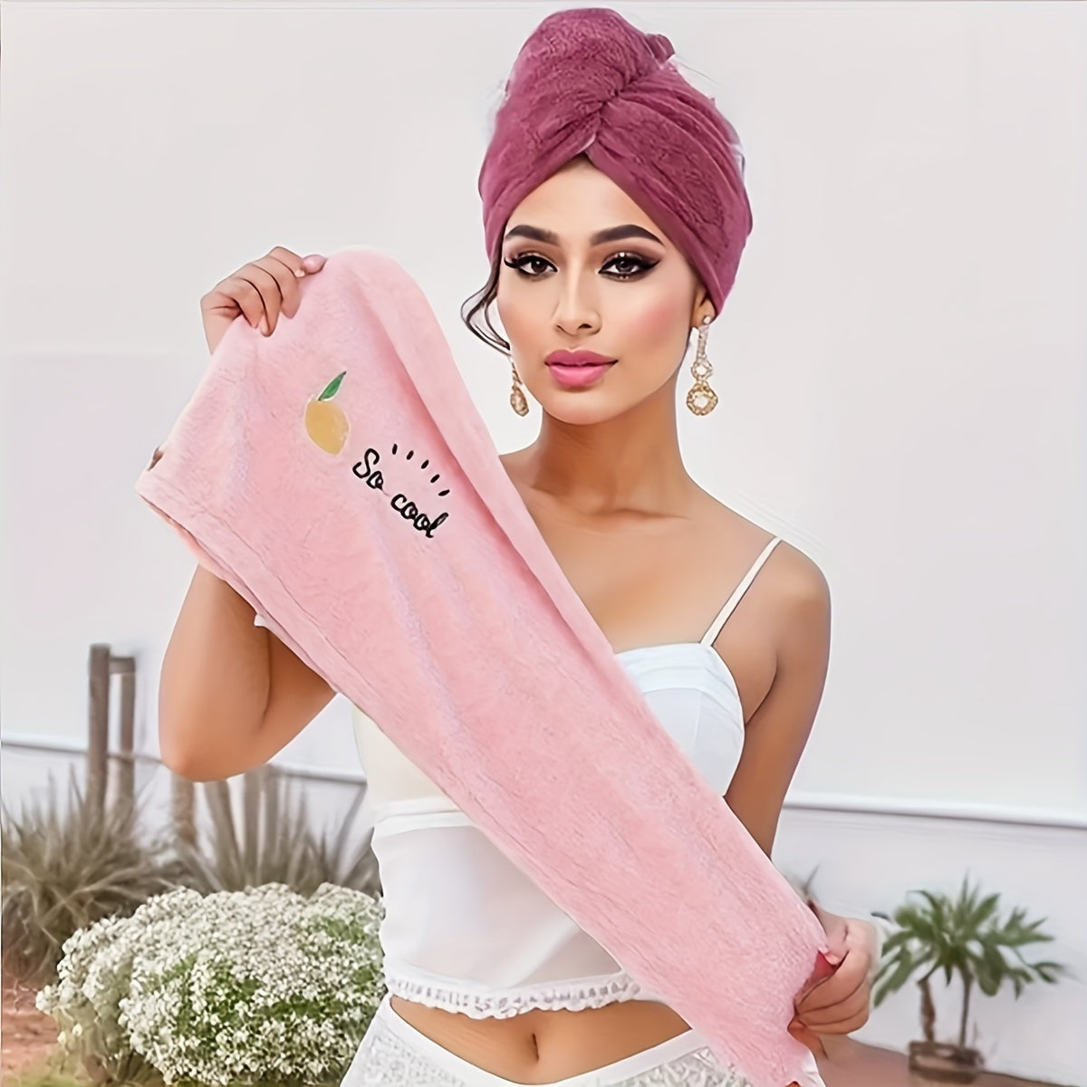 Microfiber Wrap Quick Dry Microfiber Hair Towel Wrap, 1pc | Super Absorbent Hair Drying Turban for Women, Modern Geometric-Pattern Knit Fabric, 260gsm, with Space-Themed Embroidery, for Bathroom Accessories