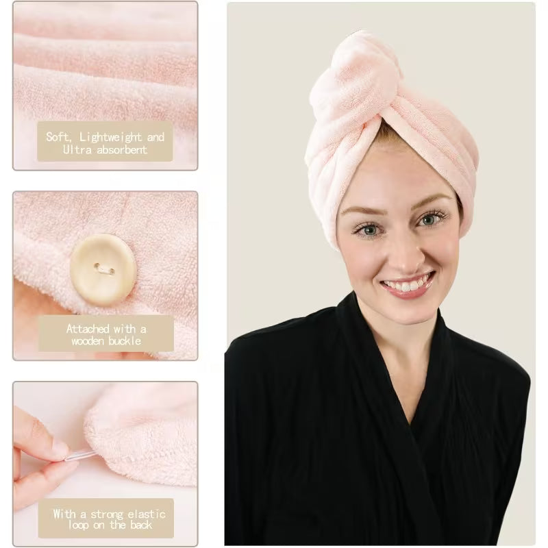 4 Pack Women's Extra Large Microfiber Hair Towel Wrap with Button - Quick-Dry Hair Turban Suitable for Curly/Long/Short Hair, Anti-Frizz Technology, Non-Slip Elastic Loop & Wood Buckle Closure, Ultra-Soft Hair Drying Towels (4 Pack)