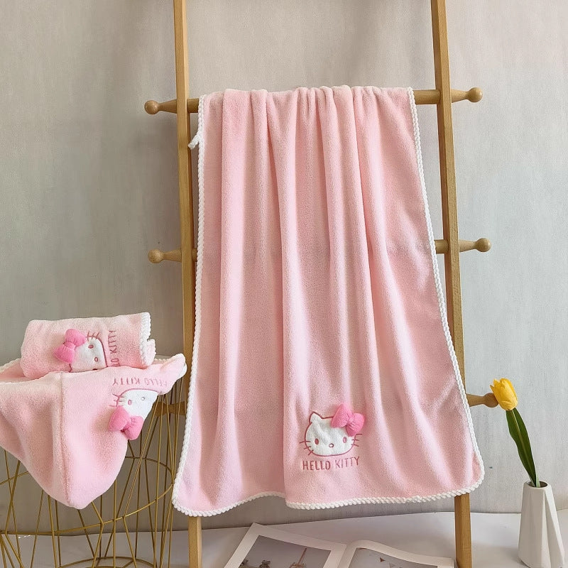 3pcs Sanrio Hello Kitty Bath Towel | Quick-Dry Thick Coral Towels with Hello Kitty Design, Cute Cartoon Theme, Contemporary Style, Fabric, 380 g\u002Fm², Suitable for Women and Adults, Wash Cloths