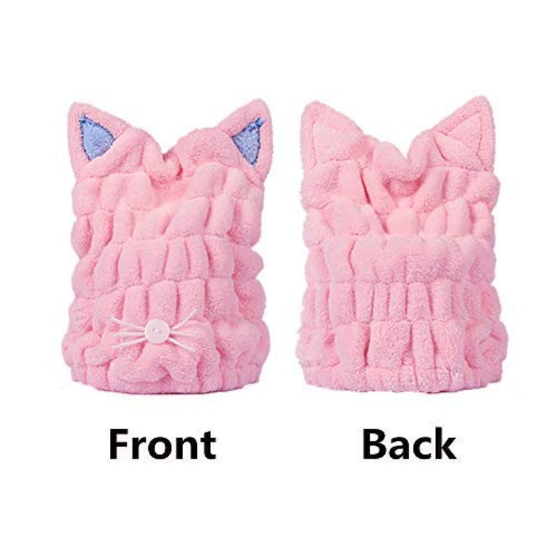 2pcs Ultra Absorbent Hair Quick Drying Towel Microfiber Hair Dry Wrap Turban Cute Kitty Ears Cap Bath Tool Hat for Women
