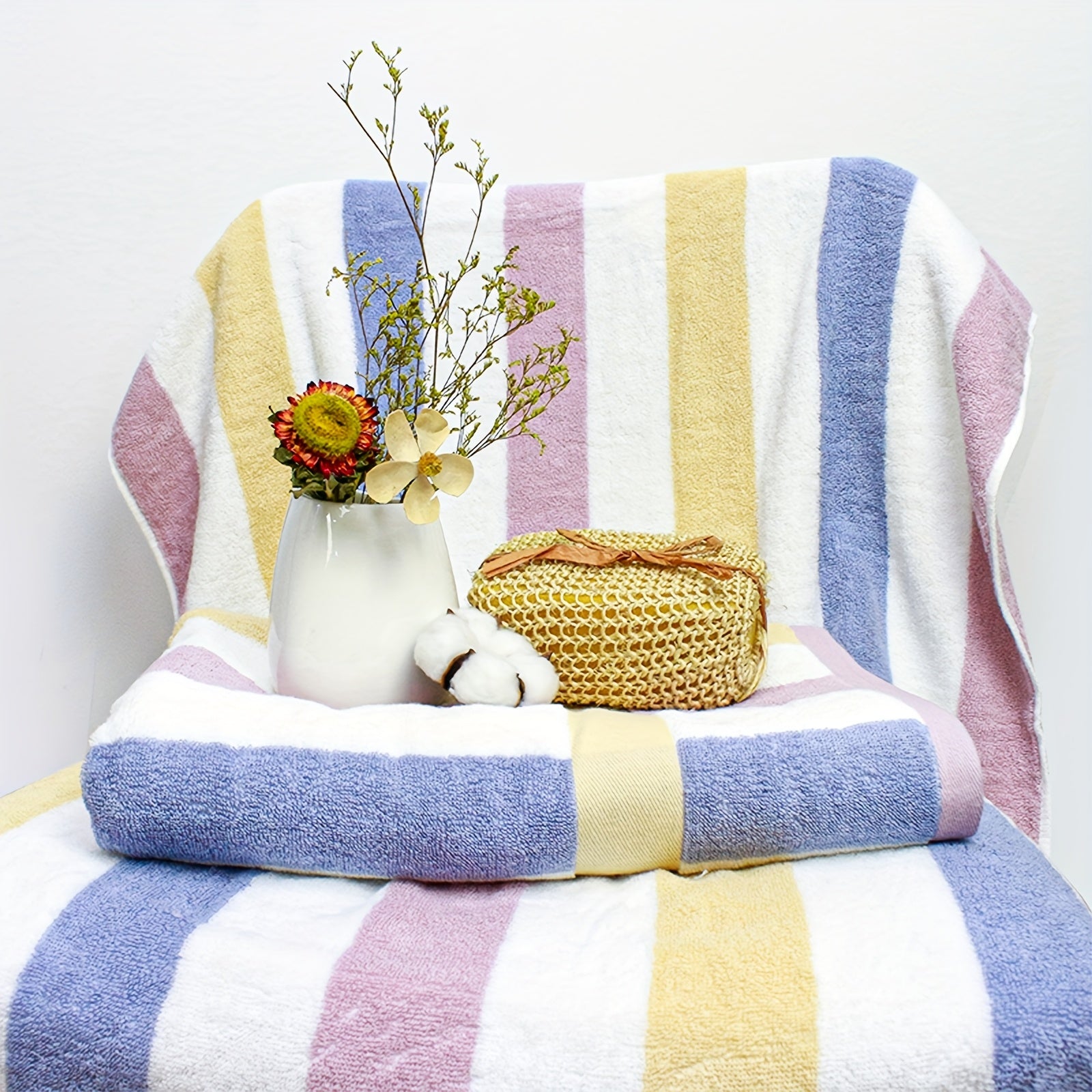 4pcs Heavy-Duty 100% Cotton Bath Towels Set - Large Luxury Spa & Hotel Towel Collection with Pastel Blue\u002FPink\u002FGreen\u002FYellow Stripes (70x35\